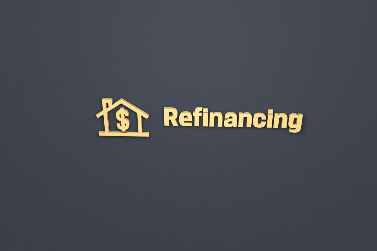 black graphic with gold writing saying refinancing with a small house outline with a dollar sign inside for benefits of refinancing