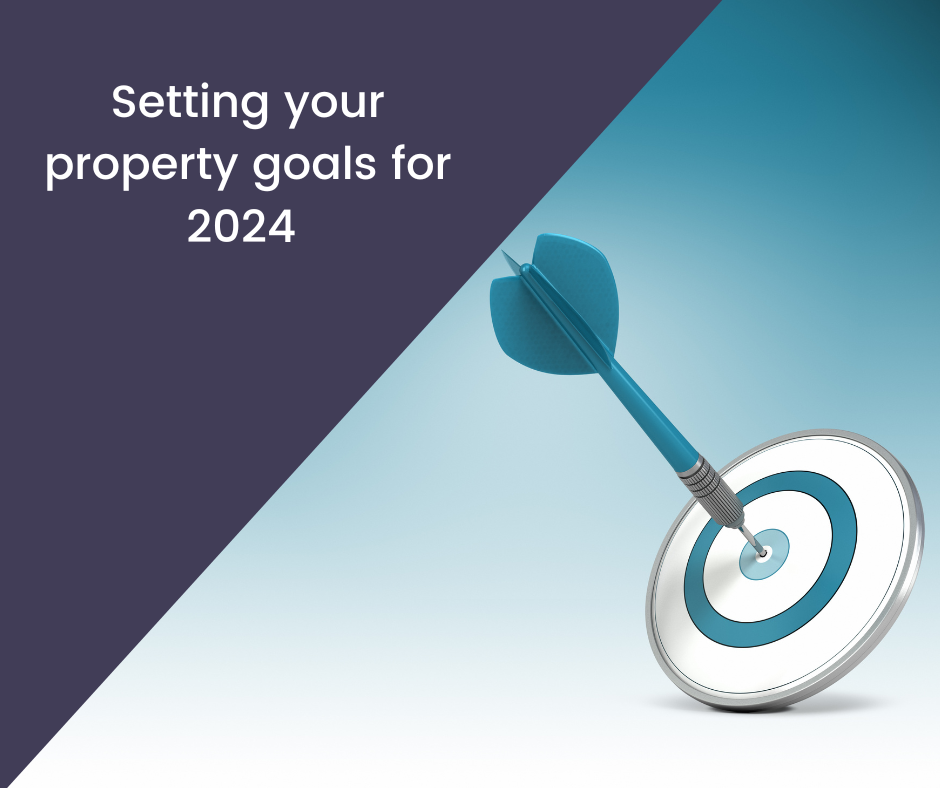 image of a blue arrow hitting a white and blue target on the right hand side of the screen with a purple triangle saying setting your property goals for 2024 on the left hand side