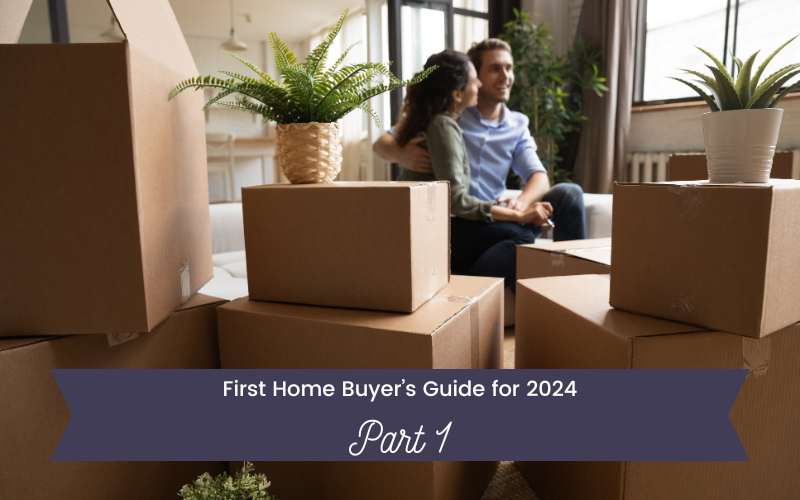 stacks of brown boxes with houseplants on top and a couple sitting behind holding hands in their new first home after reading the first home buyers guide