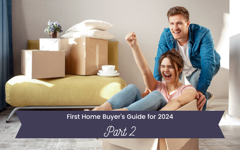guide for first home buyers image with happy couple laughing woman sitting in a moving box and man pushing her around their new home