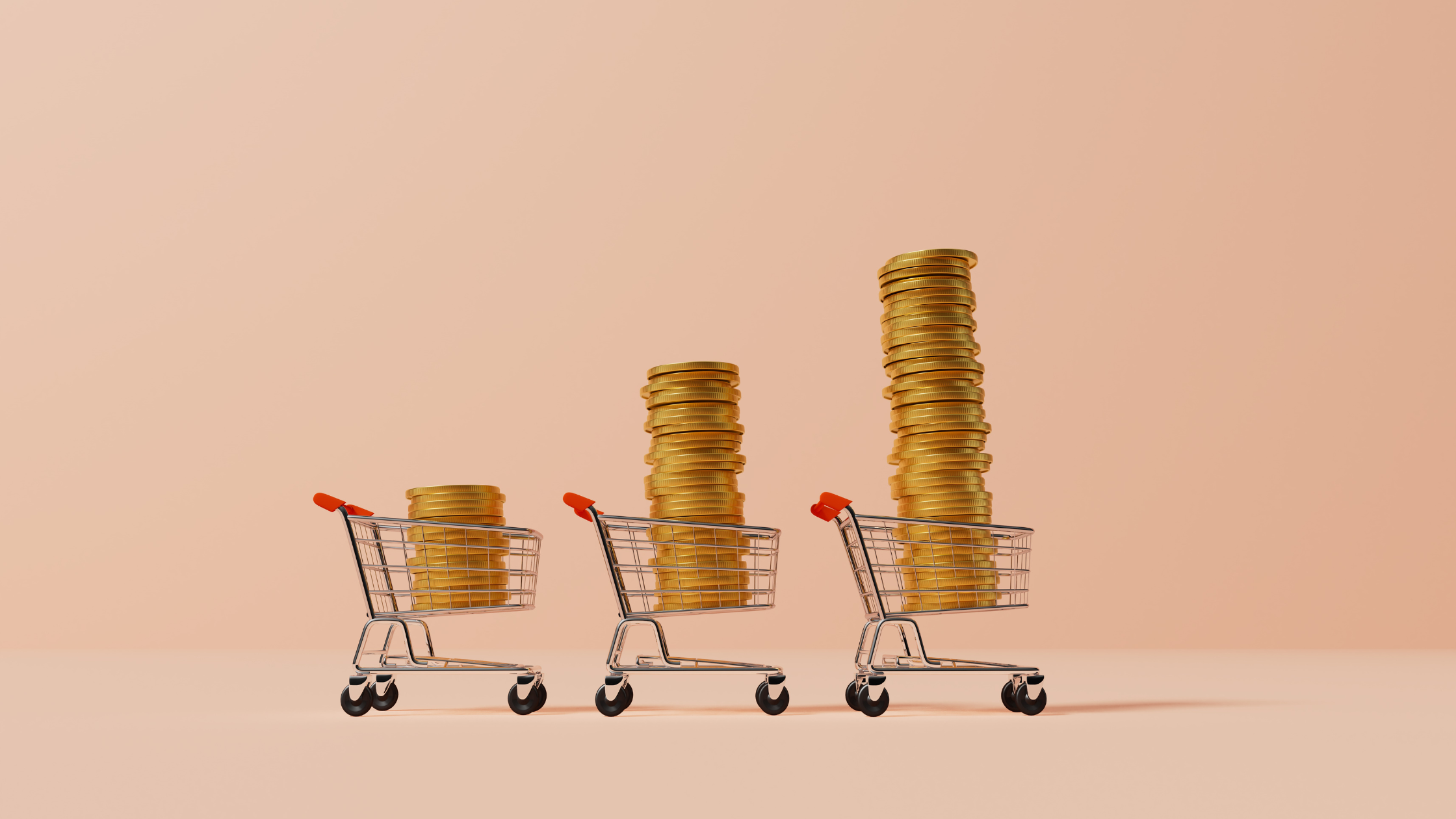 three shopping trolleys in a row with stacks of coins growing bigger in each one for how to control my spending blog