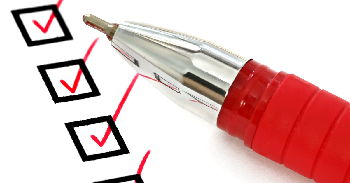 Graphic, red pen with red ink checking off boxes on a first home buyers checklist